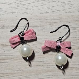Pink Bow and Pearl Drop Earrings